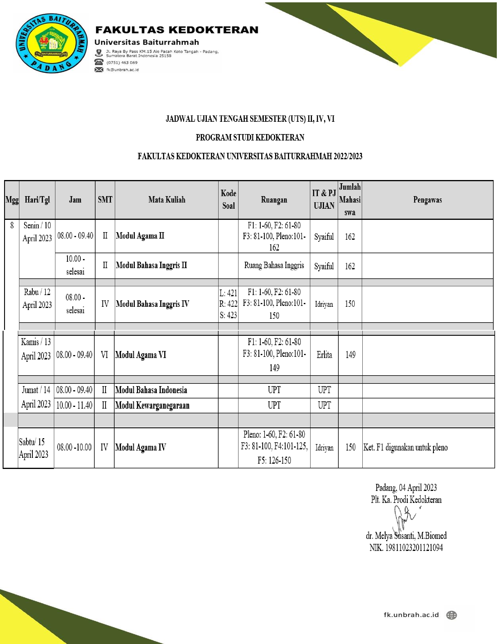 Jadwal Ujian Tengah Semester UTS II IV VI Progam Studi Kedokteran