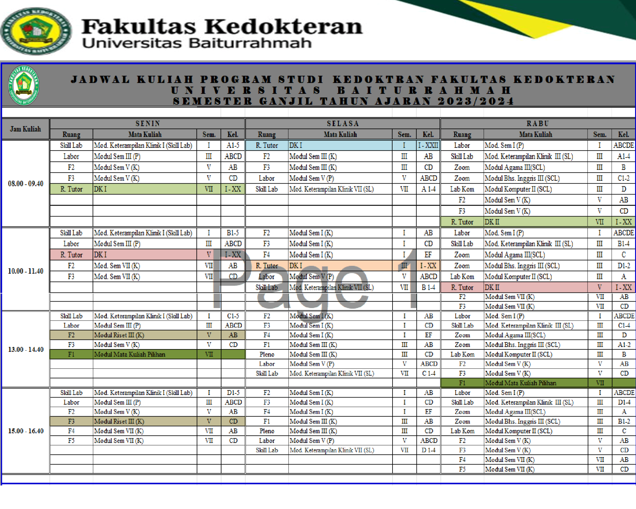 Jadwal Kuliah Progam Studi Kedokteran Fakultas Kedokteran Universitas