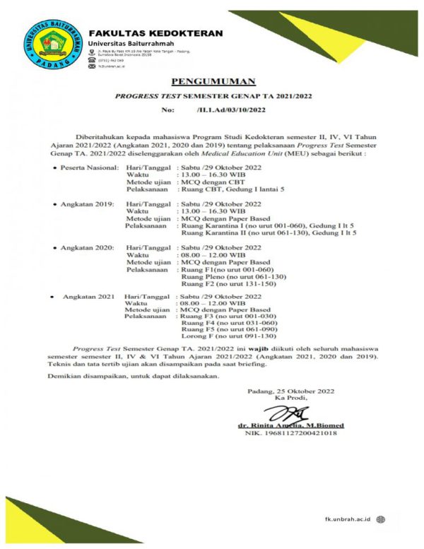 Pengumuman Jadwal Progress Test Mahasiswa Fakultas Kedokteran ...