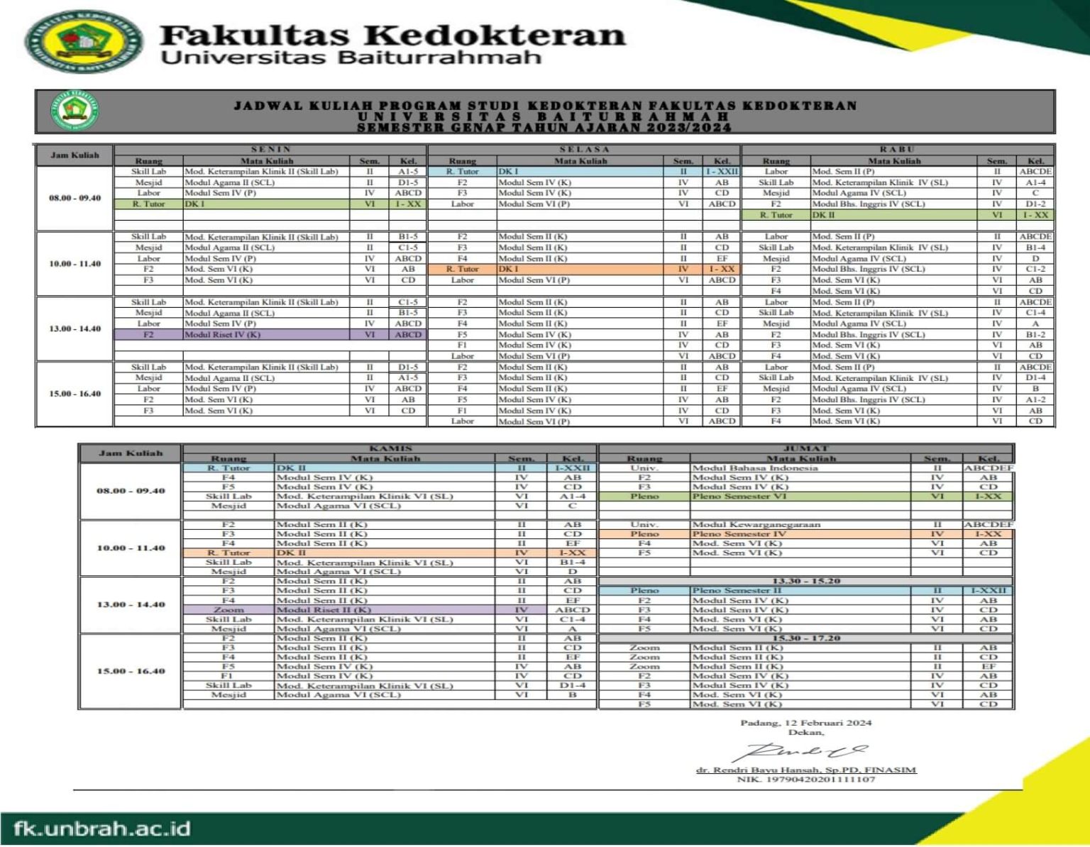 Jadwal Kuliah Progam Studi Kedokteran Fakultas Kedokteran Universitas